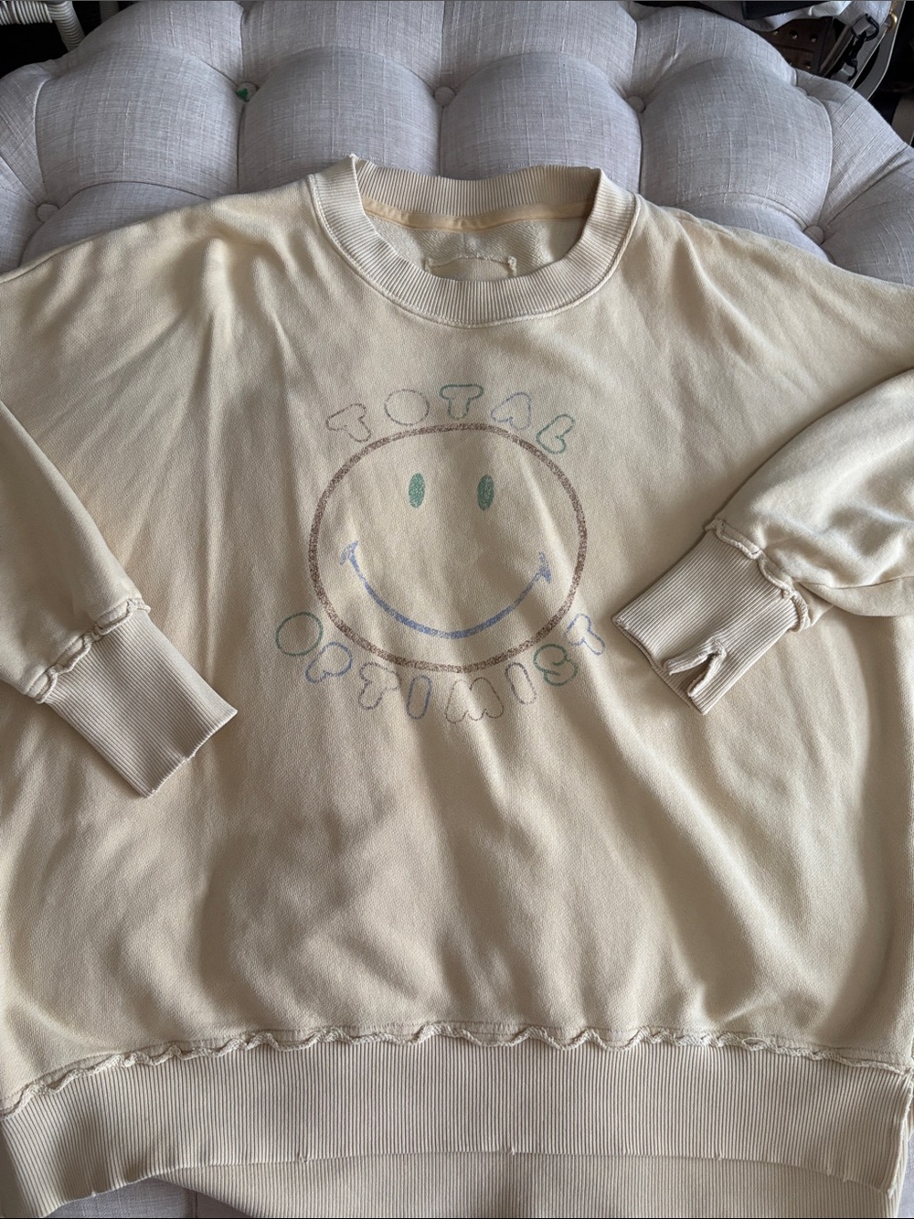 aerie Cream Crewneck Sweatshirt with Pastel Smiley Graphic